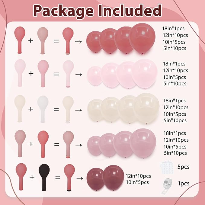 Dusty Rose Pink Balloon Arch Kit, Double Stuffed Pastel Pink Balloons - Image 2