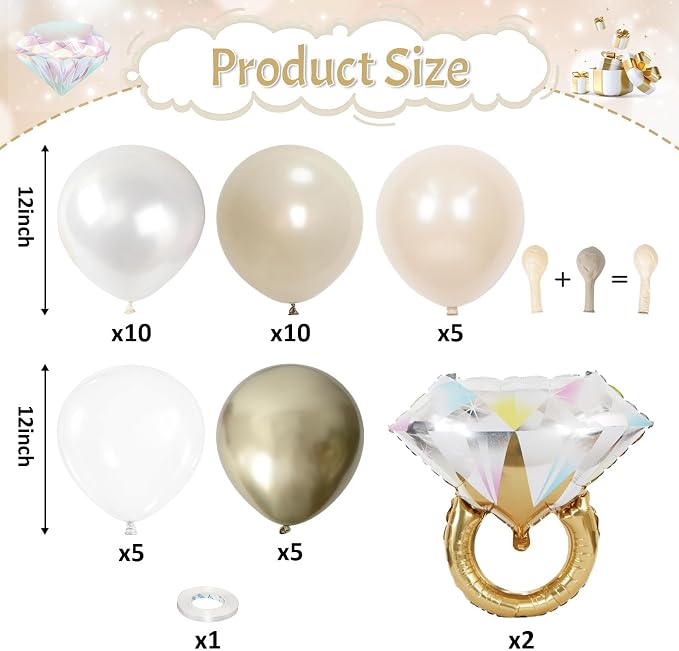 Gold and White Diamond Ring Balloons, Pearl White Beige Gold Double Latex - Image 2