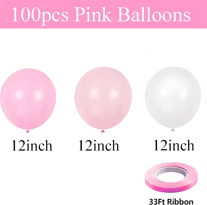 100pcs Pink and White Balloons 12 Inch w/Ribbon Party Decorations | Pink and - Image 2