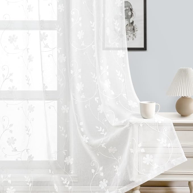 HOMEIDEAS White Sheer Curtains 96 Inches Long 2 Panels White Embroidered Floral - Image 5