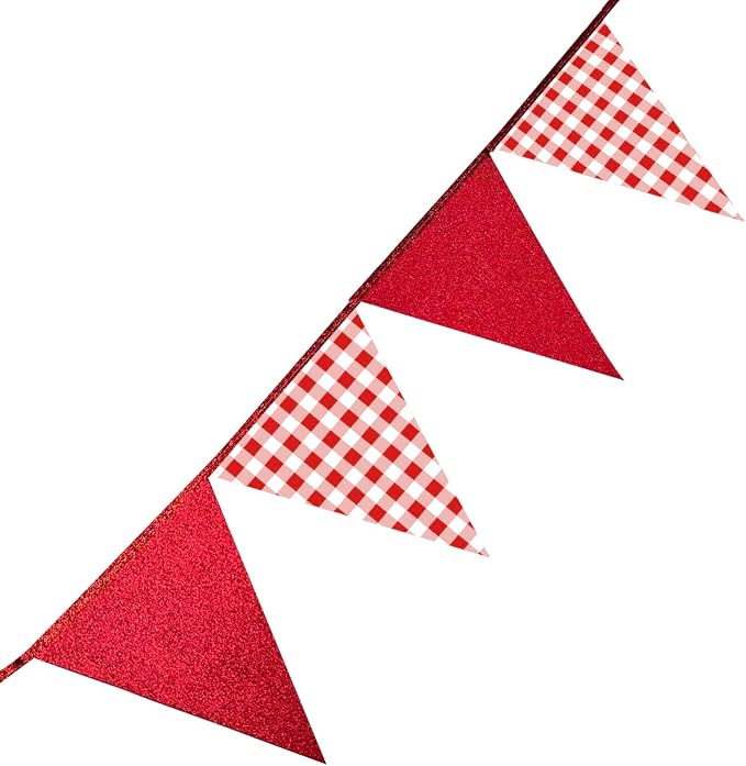 Red Buffalo Plaid Party Decorations Pennant Banner Flag Hanging Red Glitter - Image 5