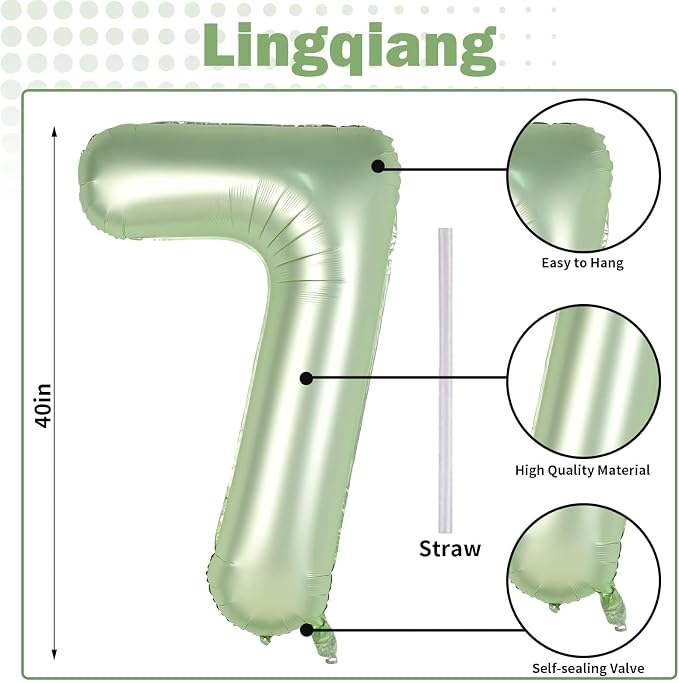 Sage Green Foil Balloon Number 7, Large Olive Green Number 7 Helium Balloon - Image 2