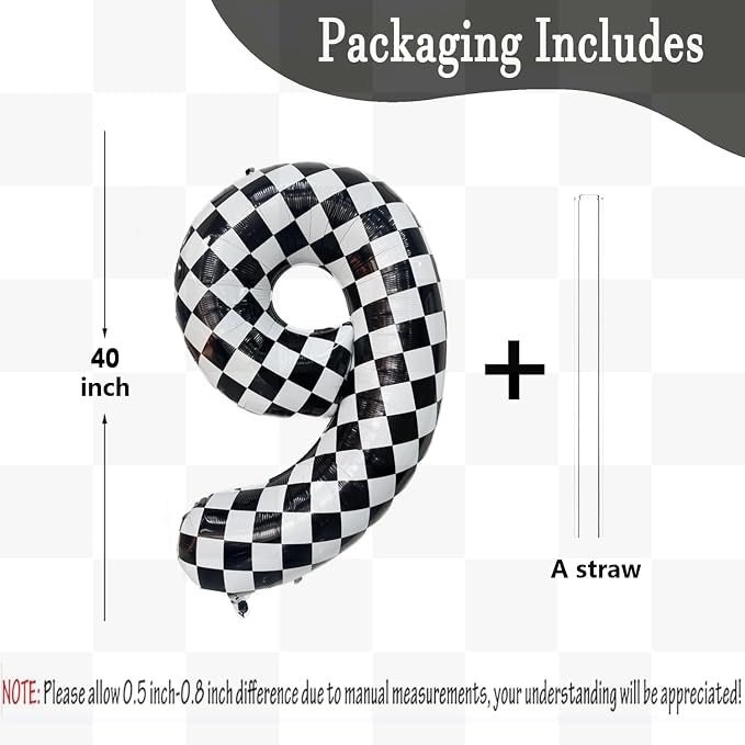 40 Inch Checkered Number Balloon 9 Black and White Number 9 Balloon Foil Helium - Image 2