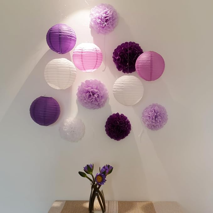 Purple Birthday Party Decorations Paper Lanterns and Pom Poms 15pcs Set | Baby - Image 6