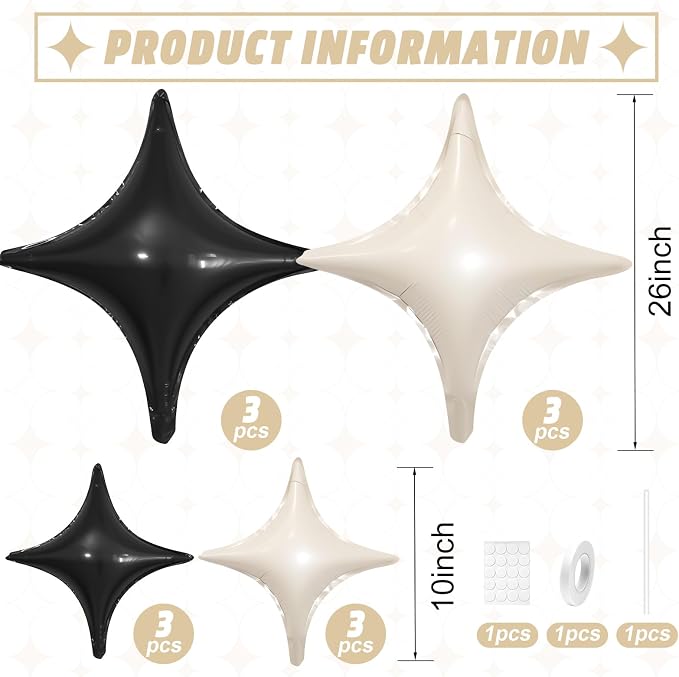 Black White Star Balloons, 26Inch and 10Inch Black Cream White Quadrangle - Image 2