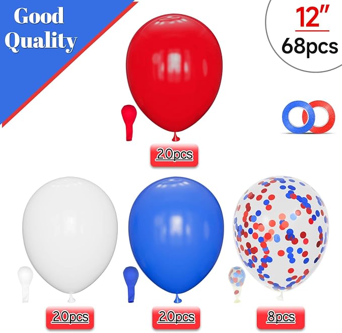 Red White Blue Latex Balloons 68 Pack, 12 Inch Patriotic Balloons - Image 2