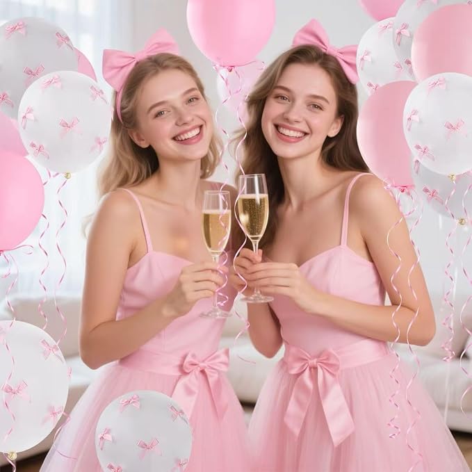 Pink Bow Balloons，32Pcs White Pink Balloons & 100Pcs Mini Ribbon Bows DIY Bow - Image 4