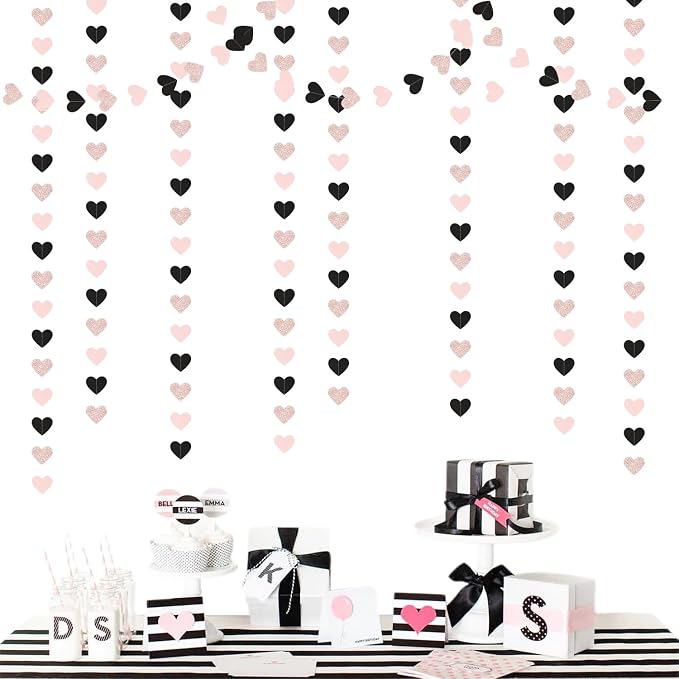 Rose-Gold Black-Pink Valentines Party-Decorations Heart-Garland - 52ft Glitter - Image 5