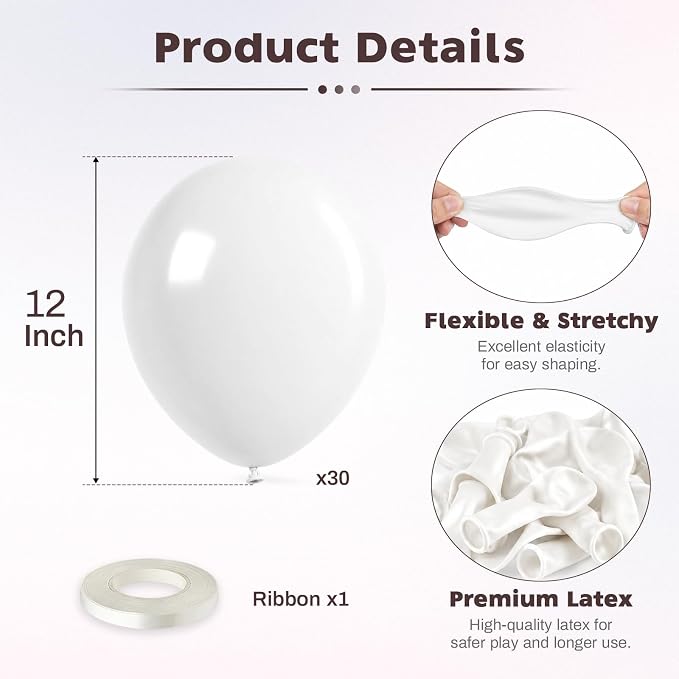 White Balloons, 12 Inch Wedding Latex Party Balloons | 30 Pack Matte White - Image 2