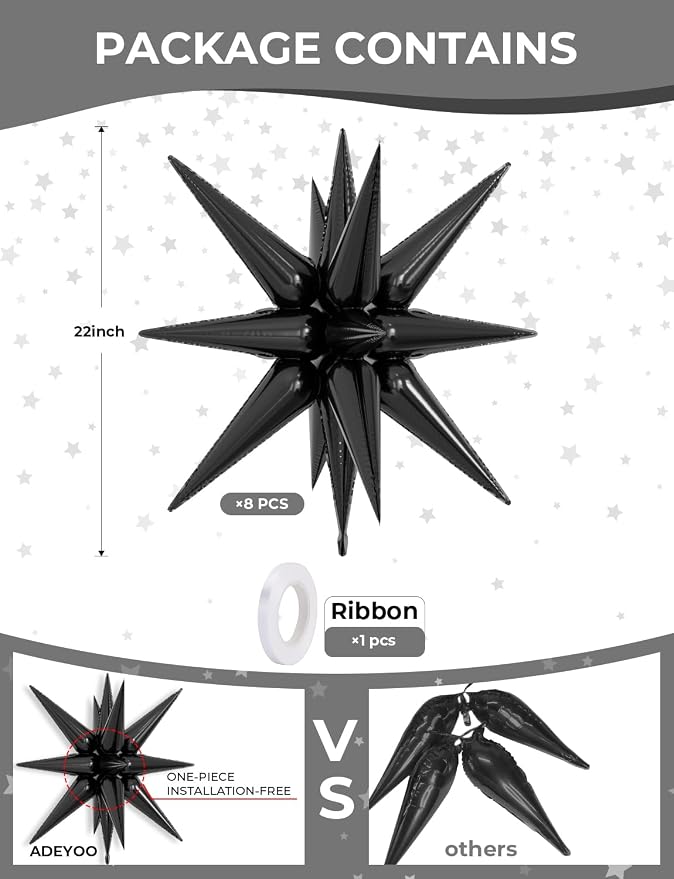 Black Star Balloons, Large Spike Balloons | 22 Inch Star Balloons, One-Piece - Image 4