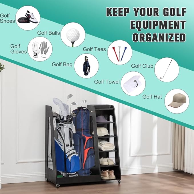 Wooden Golf Bag Organizer for Garage, Holds 2 Full-Size Bags with Shoe & Accessory Storage, Black Finish Wood Golf Equipment Rack for Home, Shed, or Basement