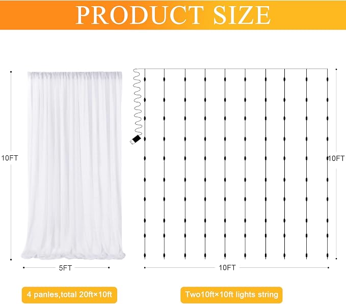 Tulle Backdrop Curtains with Lights Sheer White Curtain Backdrop 20x10ft | - Image 2