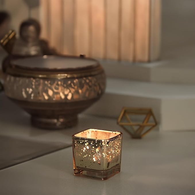WGV 2 Inch Gold Speckle Square Cube Glass Votive Candle Holder Bulk, Small Tiny Mercury Tea Light 2x2”, 6 Pc