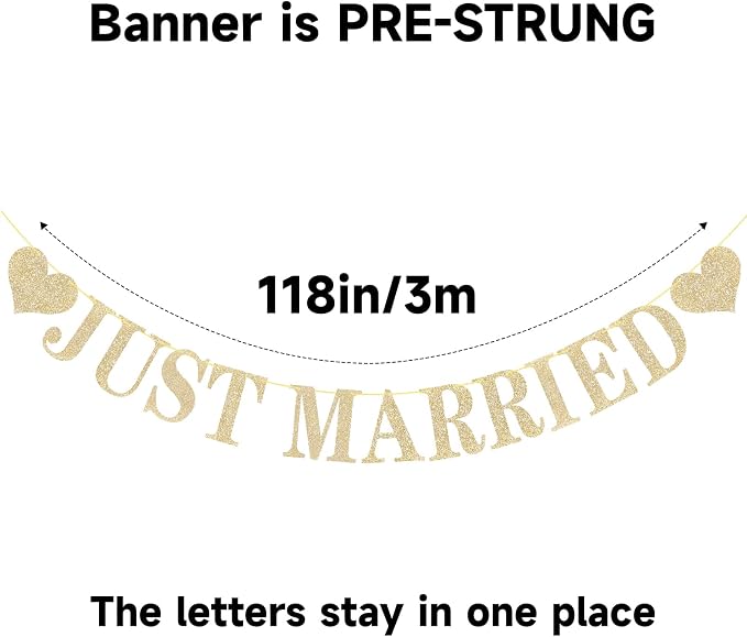 Pre-Strung Just Married Banner NO DIY Just Married Sign Gold Glitter | Wedding - Image 3