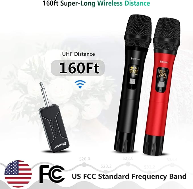 Bietrun Wireless Microphone Dynamic Mic System with Rechargeable Receiver, 1/4" Output, for Karaoke, Church, Speech, Wedding, Party Singing(160 ft Range)-Auto Connect