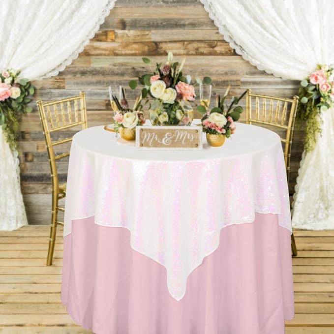 ShinyBeauty Sequin Tablecloth - Square 54x54-Inch Iridescent White Table Cloths for Round Table - Glitter Tablecloth Linen for Party