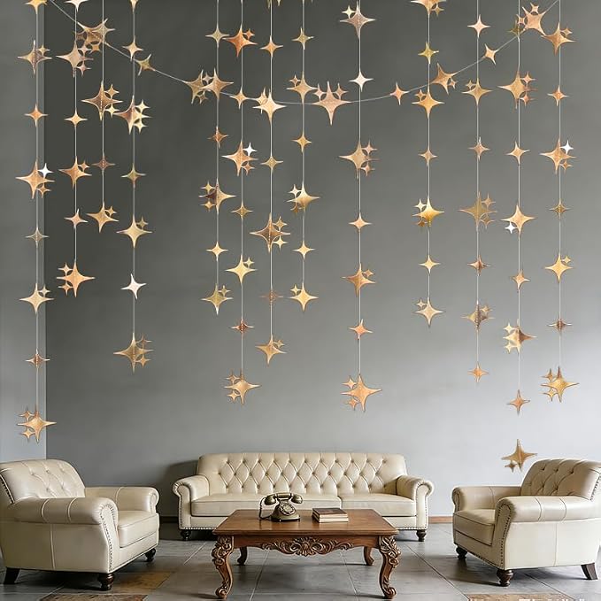 Glitter Champagne Four-Angle Star Paper Garland Banner Décor 40 Feet Twinkle - Image 4