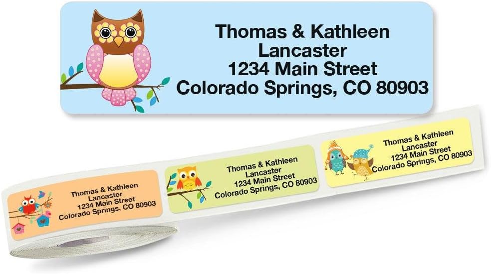 Owls Seasonal Rolled Personalized Return Address Mailing Labels with Dispenser, Set of 250, 5 Designs, Small ¾ x 2½ Inch Size, Custom Self-Adhesive Sticker Roll, by Colorful Images