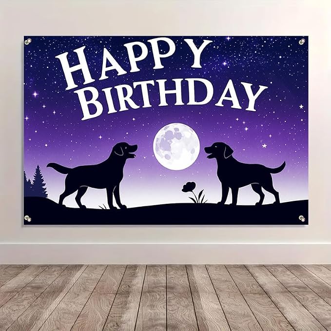 Happy Birthday Banner 71x43 Inch Dog Silhouette Moon Night Sky Backdrop - Image 4