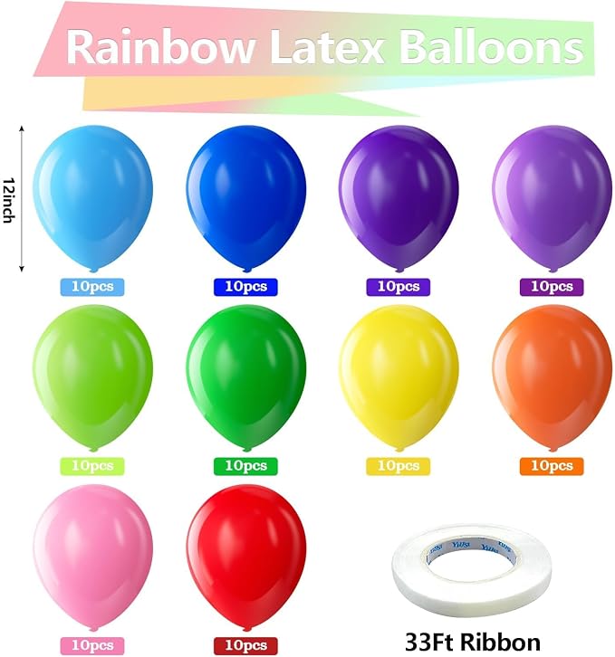 Bezente Assorted Rainbow Latex Balloons, 100 Pack 12 inch Round Helium Bright - Image 2