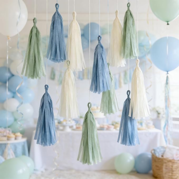 15PCS Dusty Blue Sage Green Ivory Party Tissue Tassel Garland Decorations - Image 2