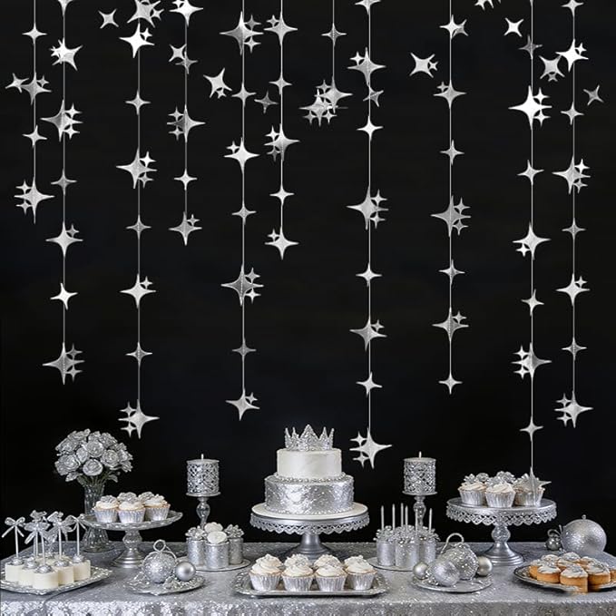 Glitter Silver Four-Angle Star Paper Garland Banner Décor 40 Feet Twinkle by Yilzo