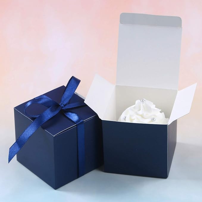 COTOPHER 60pcs Wedding Favor Boxes, Paper Gift Boxes 3x3x3 Inches Small Gift Boxes with Ribbons Small Boxes for Gifts, Crafting, Cupcake, Candy, Bridesmaid Proposal Boxes，Easy Assemble Boxes (Navy)