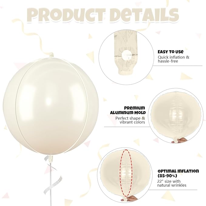 22 Inch Cream White Round Foil Balloons, Sphere Ball 4D Balloon, Large Cream - Image 7