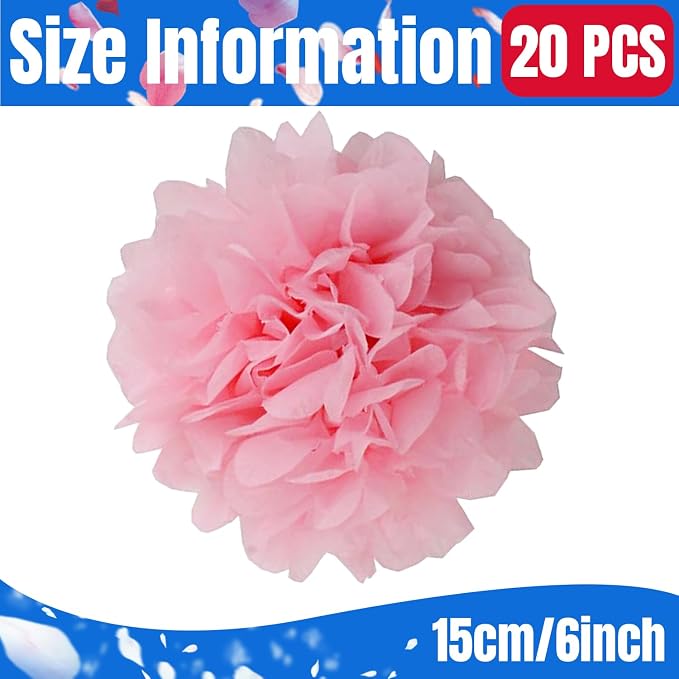 Qimoo 20pcs Light Pink Paper Pom Poms Decorations, DIY Tissue Paper Flowers Ball - Image 2