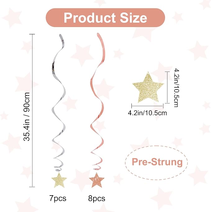 BEISHIDA Rose Gold and Silver Glitter Stars Hanging Swirls Pre-Strung Hanging - Image 2