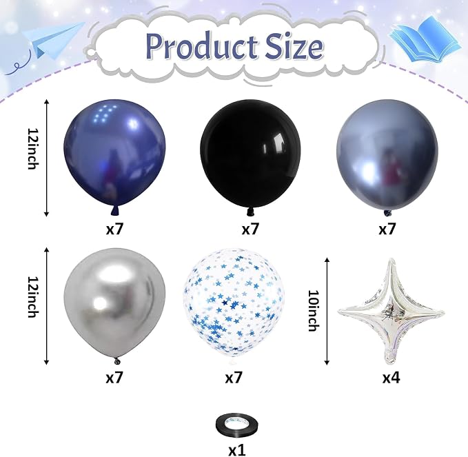 Blue and Black Balloons, Pearl Navy Blue Black Silver Dark Blue Star Confetti - Image 2