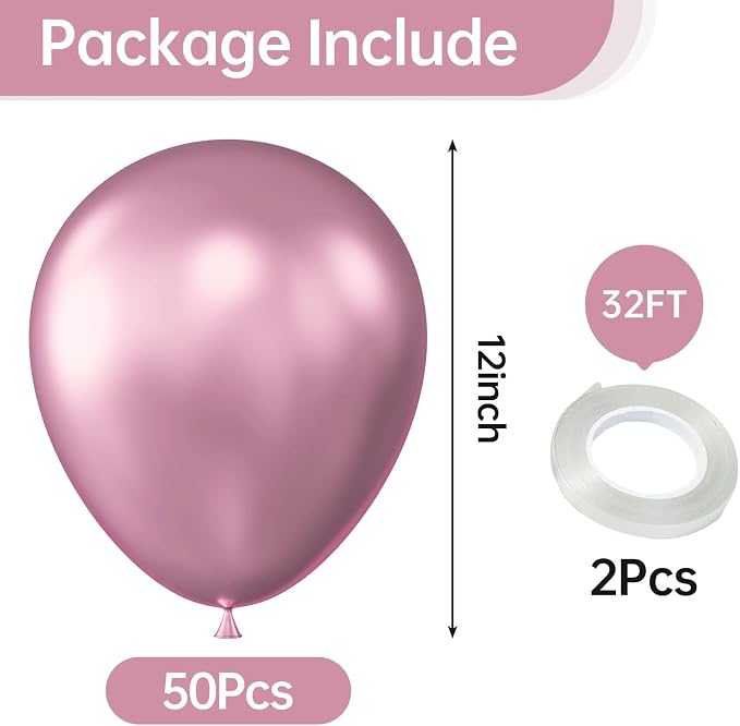 12 Inch Metallic PInk Balloons, Baby Shower, Graduate Party Decorations - Image 2