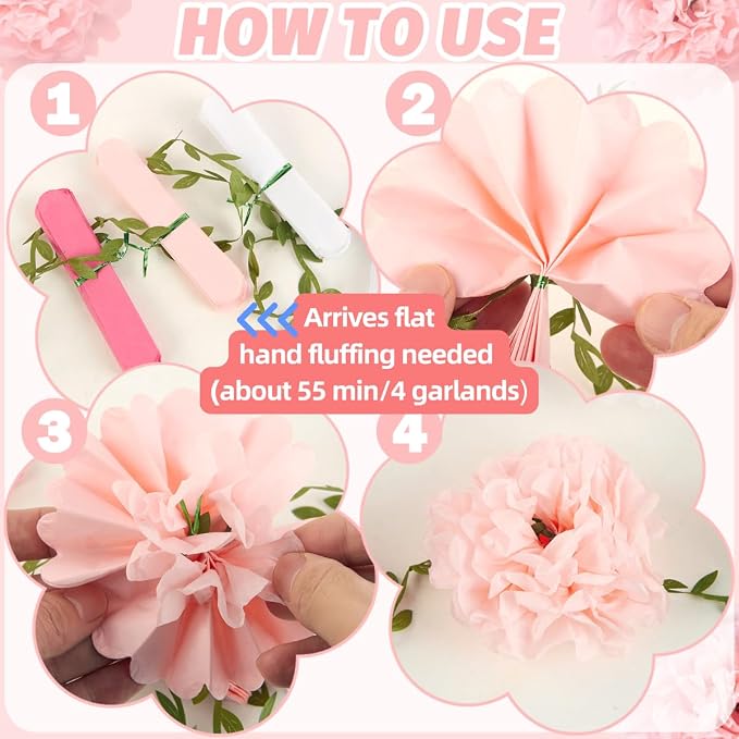 Gradient Pink Tissue Paper Pom Pom Garlands, Paper Flowers - Image 3