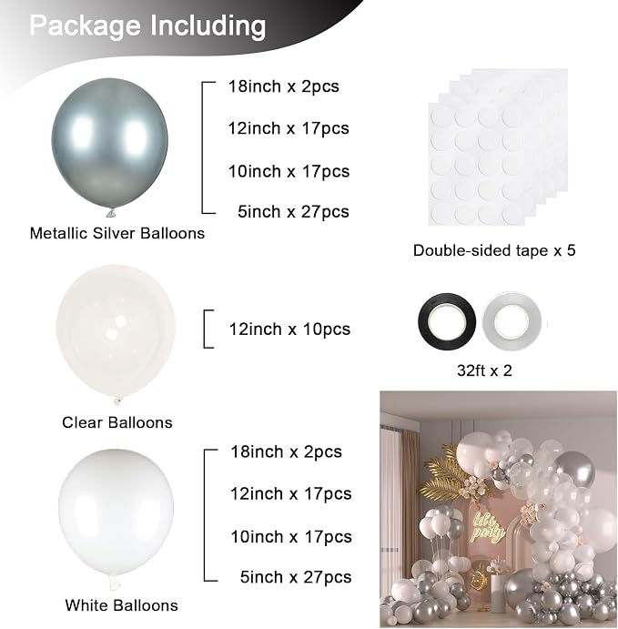 136pcs White and Silver Balloons Garland Arch Kit - Image 2