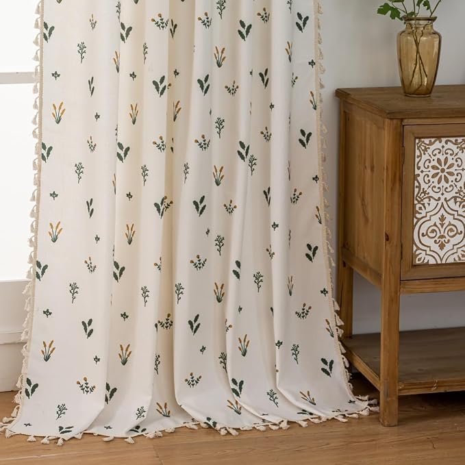 F-CHU Country Floral Curtains 72 Inch Length Cotton Linen Boho Window Curtain - Image 3