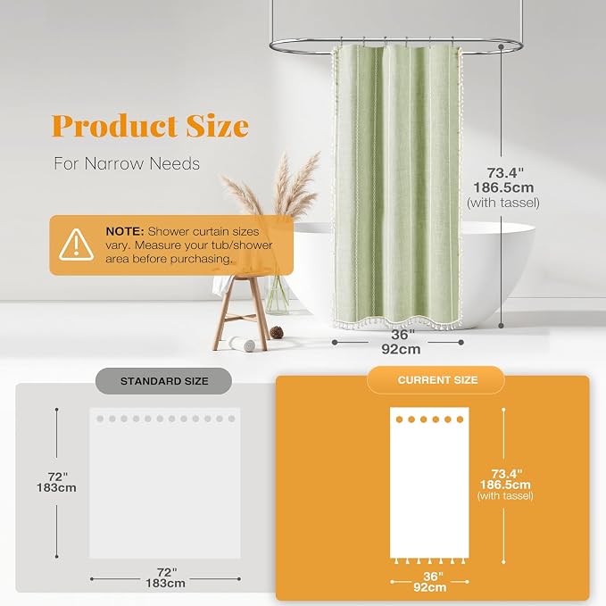 Small Boho Linen Heavy Duty Cloth Shower Curtain, Sage Green | Stall Size - Image 3