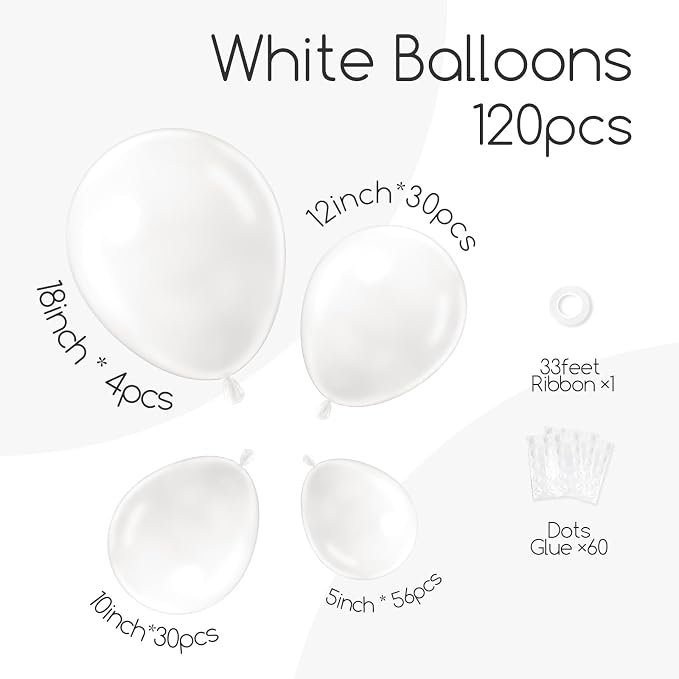 Awenztech 122pcs White Balloon Arch Kit, 18 12 10 5 inch White Latex Balloons - Image 2