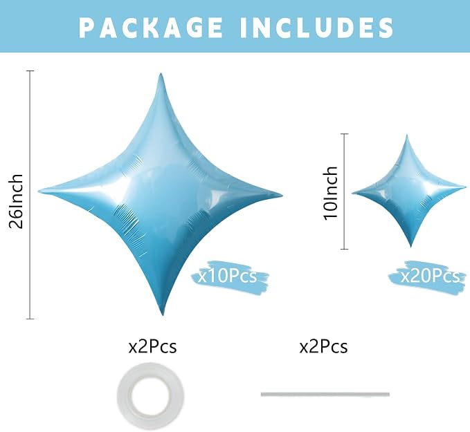 TONIFUL 30 Pcs Four Pointed Star Balloon 26In&10In Light Blue Foil Balloon | - Image 2