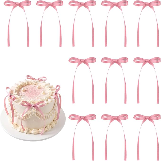 30 Pack Bow Cake Toppers Rose Pink Ribbon Bows by NatNarr