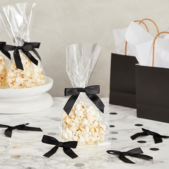 Juvale Gift Bows with Twist Ties - Mini Bows for Crafts & Wrapping - Pre-Tied Satin Polyester Ribbon for Treat Bags & Balloons - 3-Inch, Black, 100 Pack