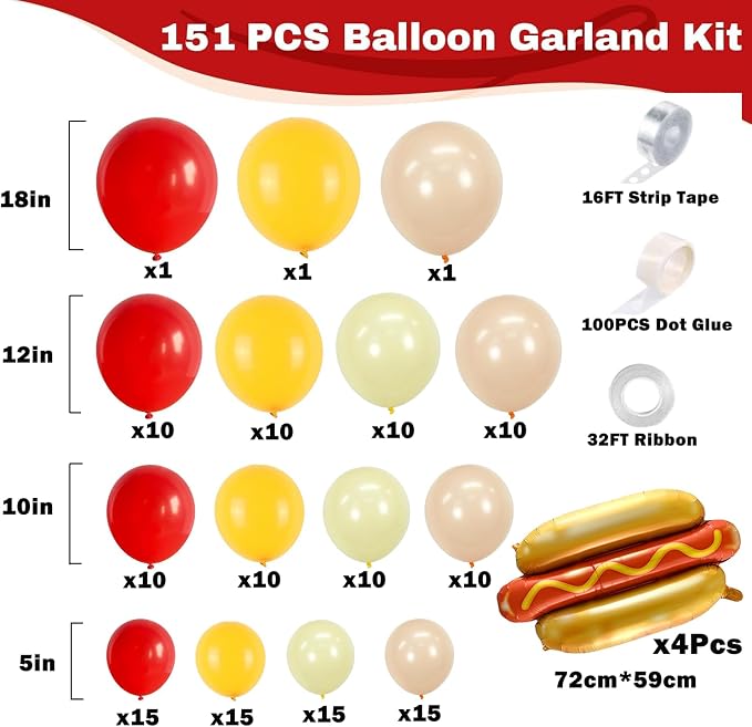 Cute Hot Dog Balloon Garland Arch Kit，151PCS Red and Yellow Balloons, Creative - Image 2