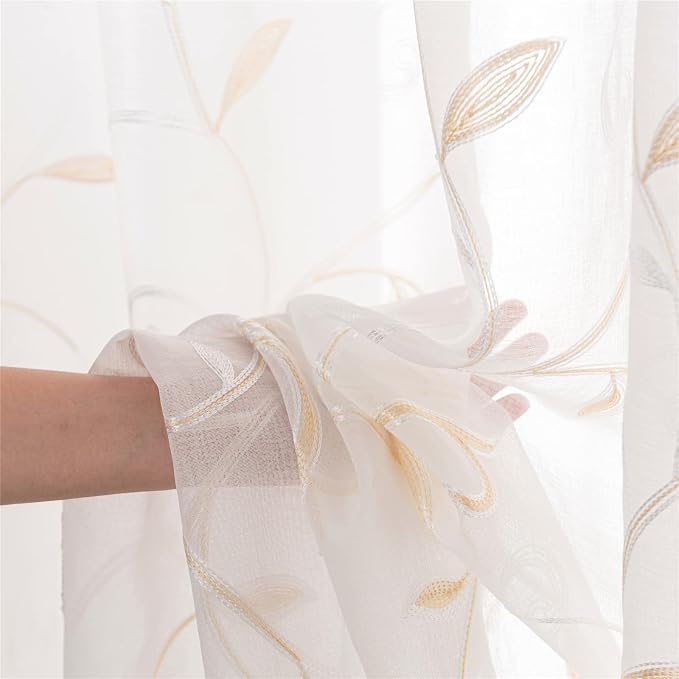 White Sheer Curtains Beige Embroidered Leaves 2 Panels 54Wx108L | Light - Image 4