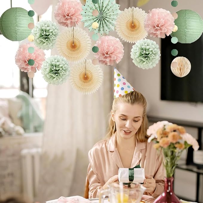 Sage Green and Blush Pink Party Decorations Paper Lanterns Sage Green Cream - Image 2