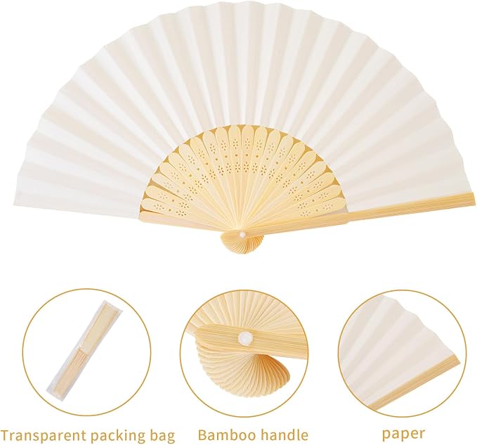 Sepwedd 50pcs Cream-Coloured Paper Hand Fan Bamboo Folding, Handheld Paper Fan - Image 2