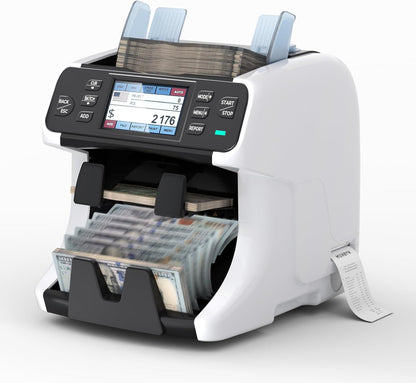 MUNBYN IMC40 2-Pocket Money Counter Machine Mixed Denomination and Sorter, Built-in Printer, Sort on DENOM/FACE/ORI, Value Counting, Counterfeit Detection 2 CIS/UV/MG/IR, Touch Screen, 2Y Protection
