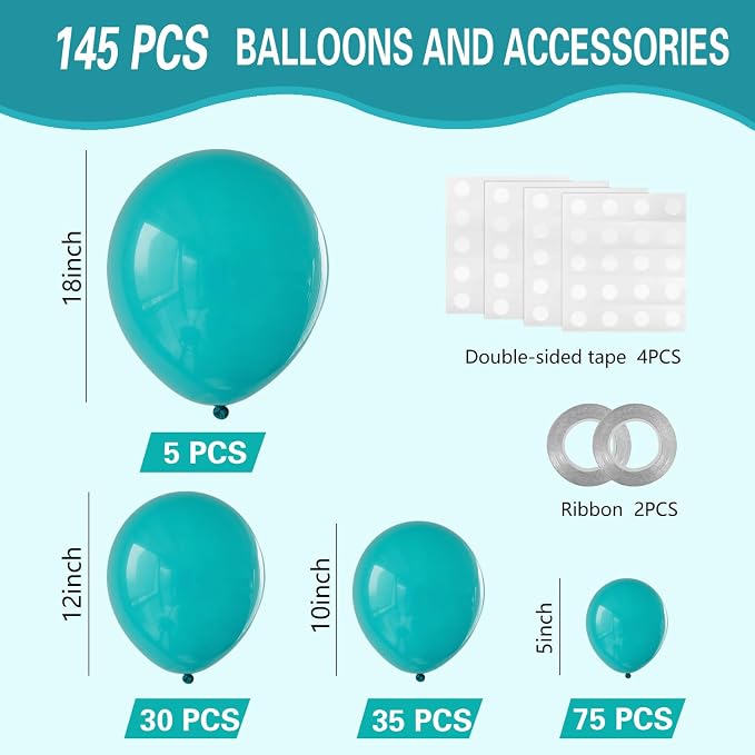 Turquoise Blue Peacock Blue Balloons 145pcs Different Sizes 5in 10in 12in 18in - Image 2