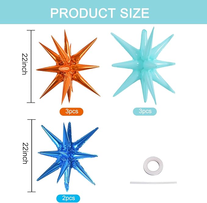 TONIFUL 8 Pcs Blue Orange Explosion Star Foil Balloon Party Decoration | 22 - Image 2