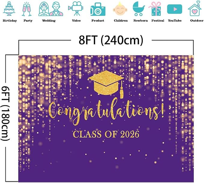 Mocsicka Class of 2026 Backdrop Purple Gold Glitter Bokeh Graduation Party - Image 4
