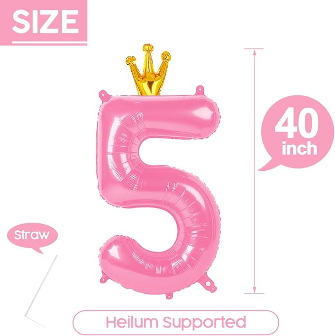 5 Balloon - Pink with Crown Birthday Number Balloons, 40 Inch Decorations | - Image 5