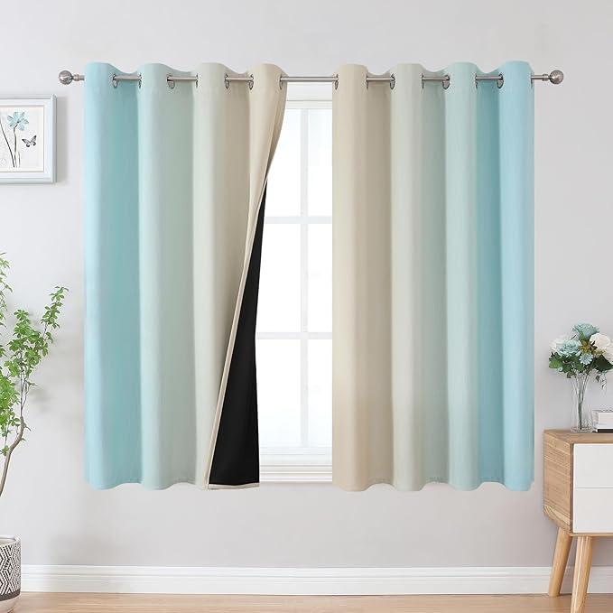 Aqua and Beige Ombre Blackout Curtains 45 Inch Length, Light Blocking Gradient by ESTELARTEXTILER